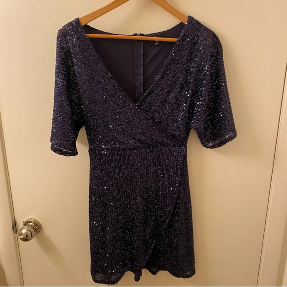 Lulus Navy Blue Sequin Faux-Wrap Mini Dress XS Great for New Years Eve - Picture 2 of 10